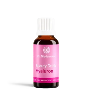 Brown glass bottle with white cap and pink label reading Dr Niedermayer Beauty Drink Hyaluron on a white background