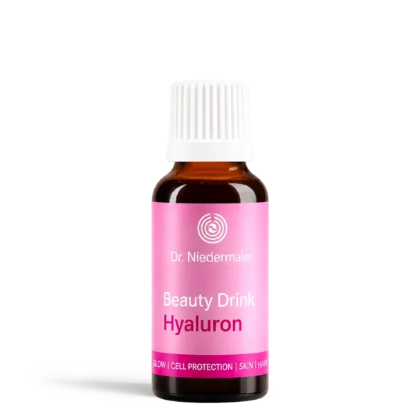 Hyaluron_20ml_to-go-png | Performance Nutrition Schweiz Brown glass bottle with white cap and pink label reading Dr Niedermayer Beauty Drink Hyaluron on a white background