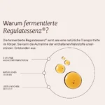 Trust_Regulate-Hyaluron-20mljpg | Performance Nutrition Schweiz Deutschsprachige Infografik erklärt warum fermentierte Regulattessenz hilfreich ist mit einem kreisförmigen Diagramm und Hinweisen zu Zutaten Fermentation und Reifezeit