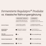 Vergleich_Regulatprojpg | Performance Nutrition Schweiz Infographic comparing Fermented Regulatpro products vs classic dietary supplements with a table of ingredients and production facts German
