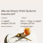 Verzehrempfehlung_Beauty_Drink_Hyaluron_20mljpg | Performance Nutrition Schweiz German infographic explaining Hyaluron drink dosing two schedules 1x 20 ml daily or every 23 days 1x 20 ml with a glass of amber liquid on a white plate and a gold spoon caption QLabel 1 Shot 20 ml = 1 Tag